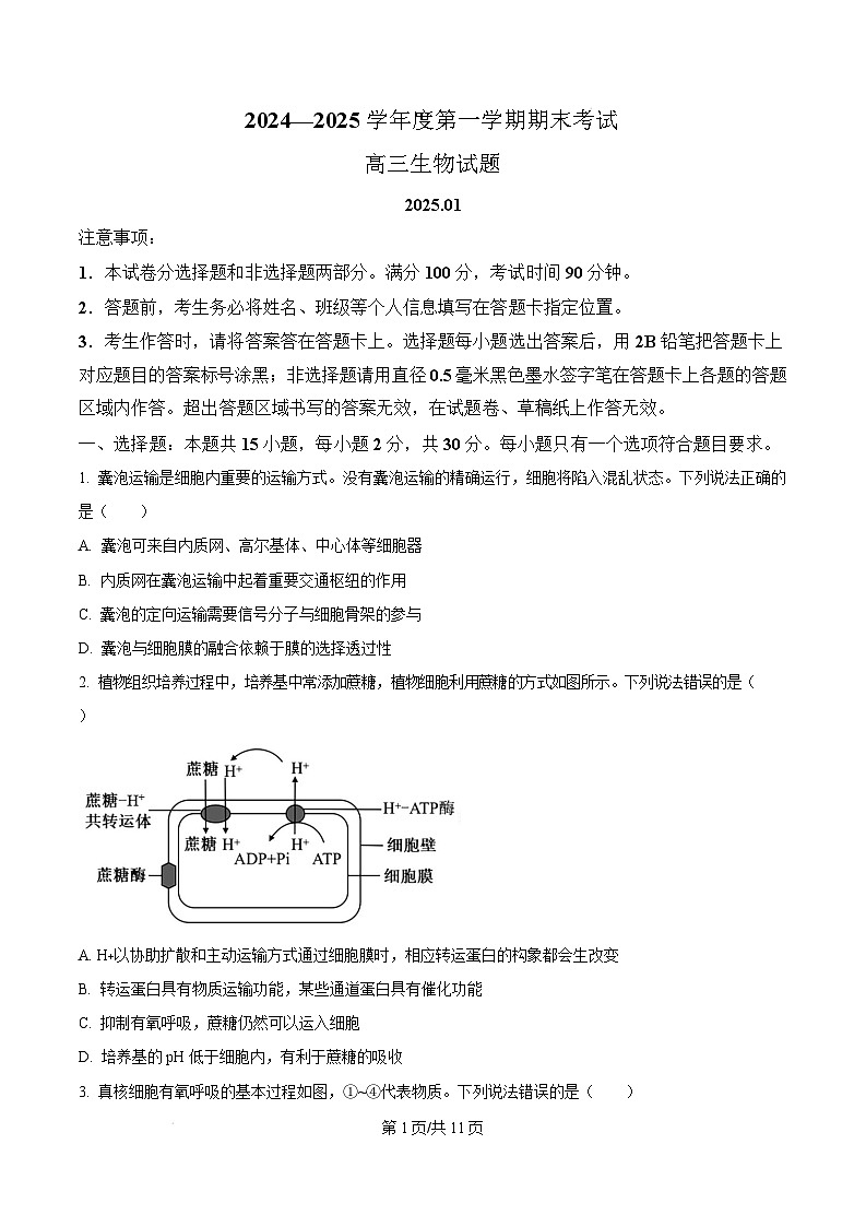 山东省菏泽市2024-2025学年高三上学期生物期末考试生物试题无答案第1页