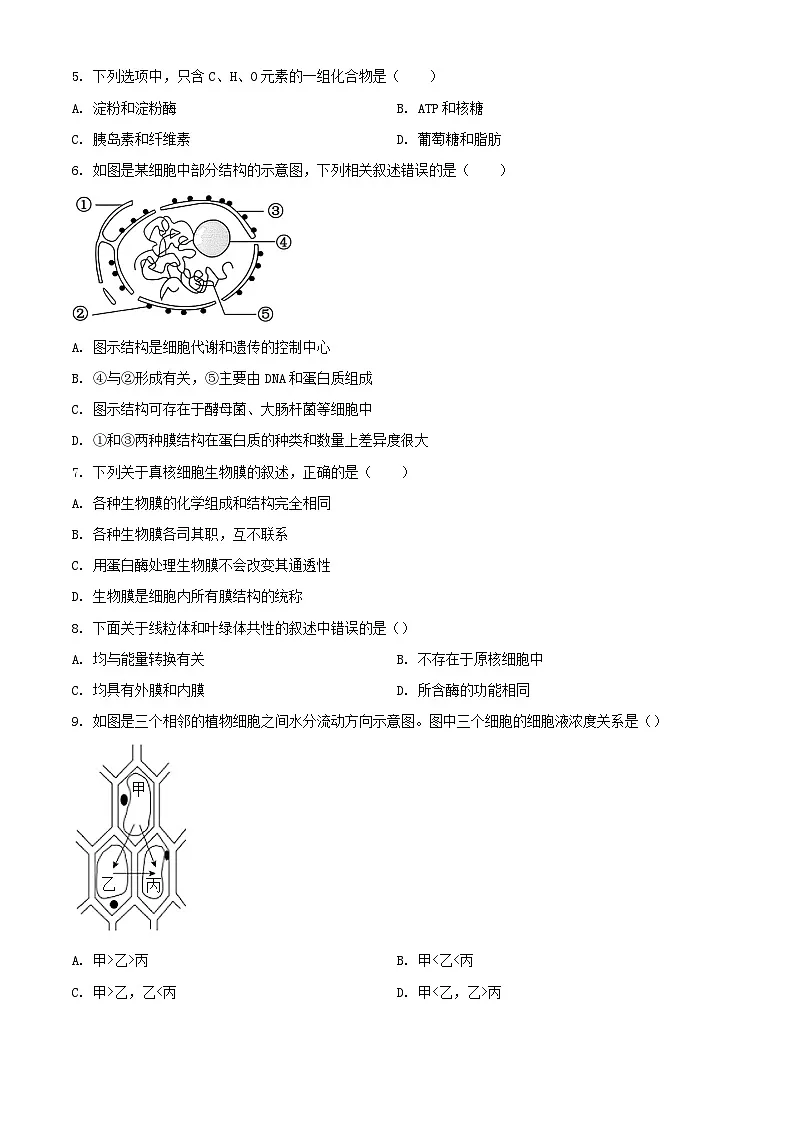 北京市延庆区2023_2024学年高一生物上学期期末考试含解析第2页