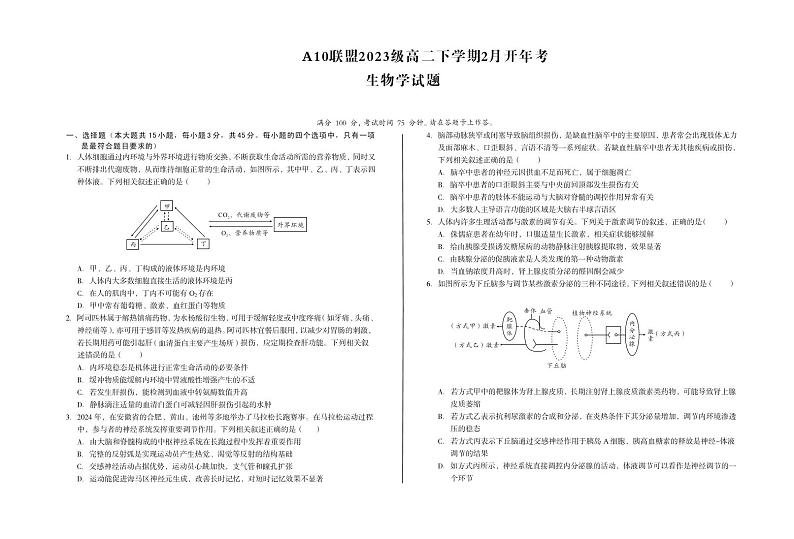 安徽省A10联盟2024-2025学年高二下学期2月开学考试生物试卷(PDF版附解析)第1页