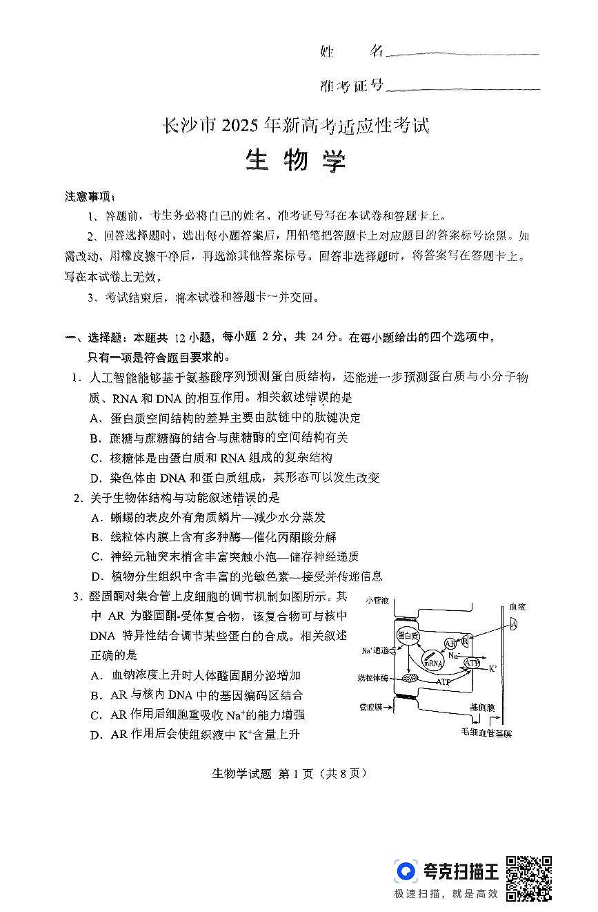 2025届湖南省长沙市高三上学期新高考适应性考试生物考试试题第1页