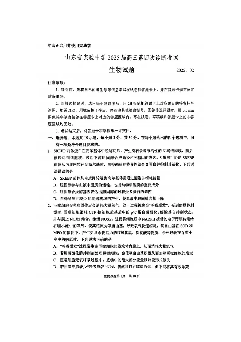 2024-2025学年下学期2025届山东省实验中学高三第四次诊断考试生物试卷含答案第1页