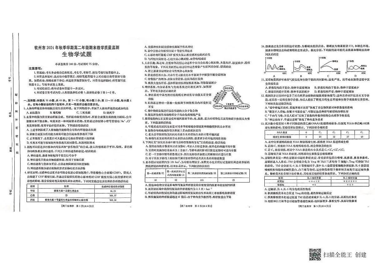 2025壮族自治区钦州高二上学期期末考试生物PDF版无答案第1页