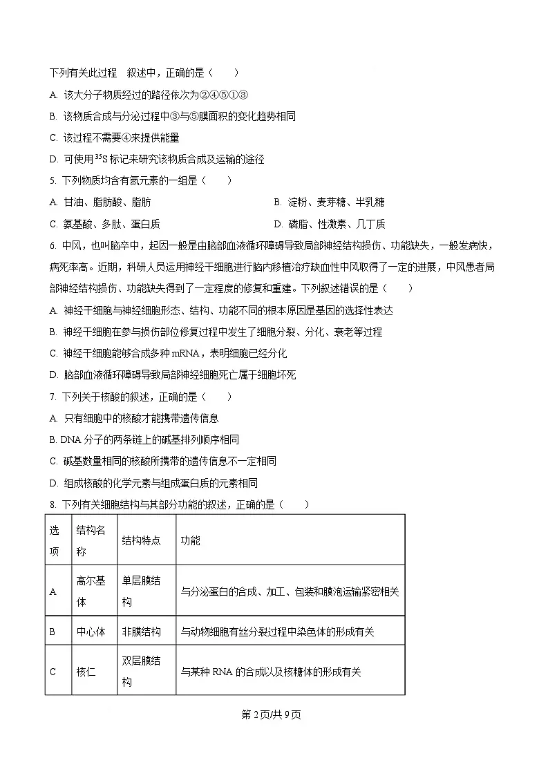 湖北省荆州市沙市中学2024-2025学年高一下学期2月月考生物试题(原卷版)第2页