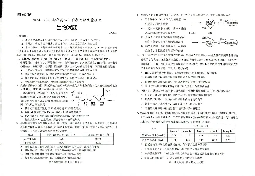 山东省菏泽市2024-2025学年高二上学期1月期末生物试题第1页