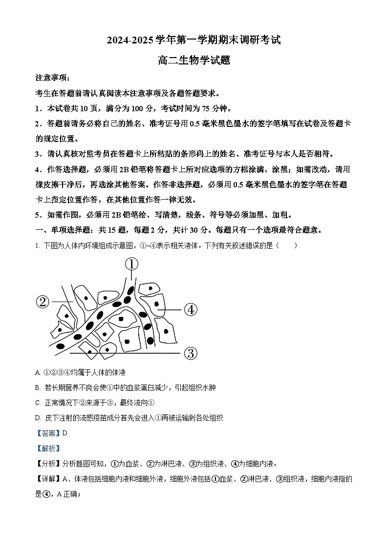 江苏省连云港市2024-2025学年高二上学期期末调研考试生物试题 Word版含解析第1页