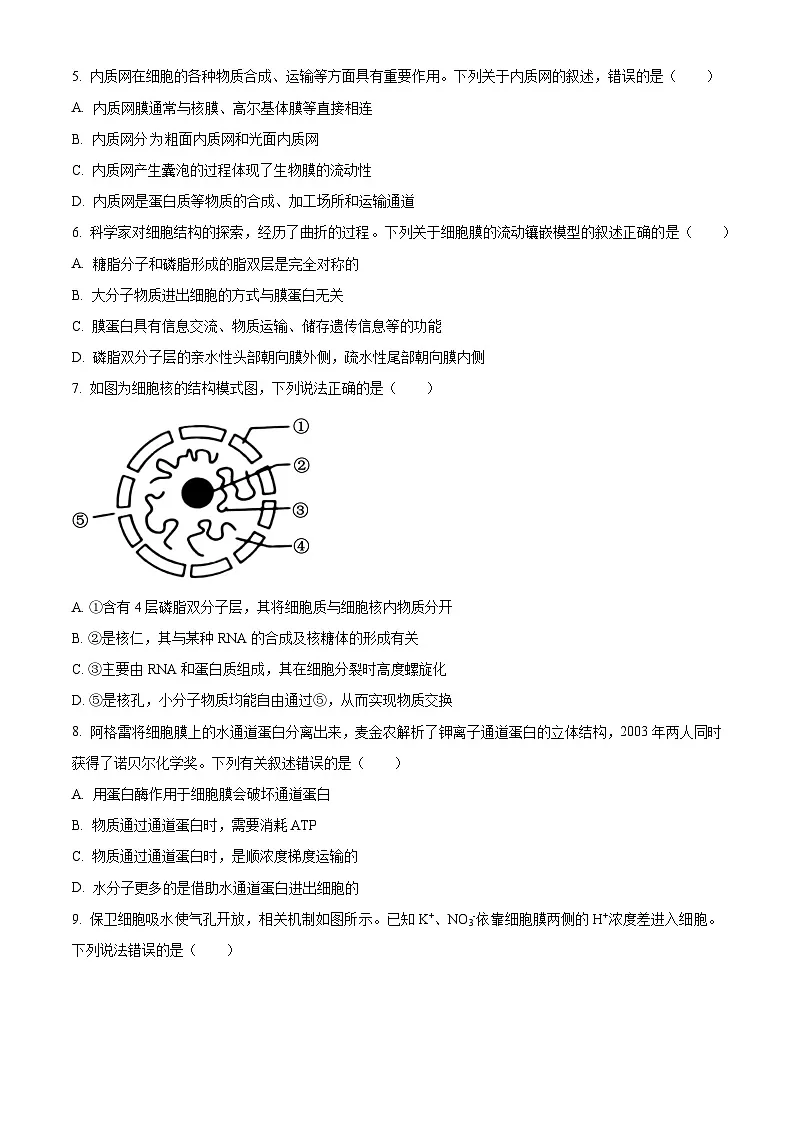 贵州省毕节市金沙县2024-2025学年高一上学期期末考试生物学试卷 Word版无答案第2页