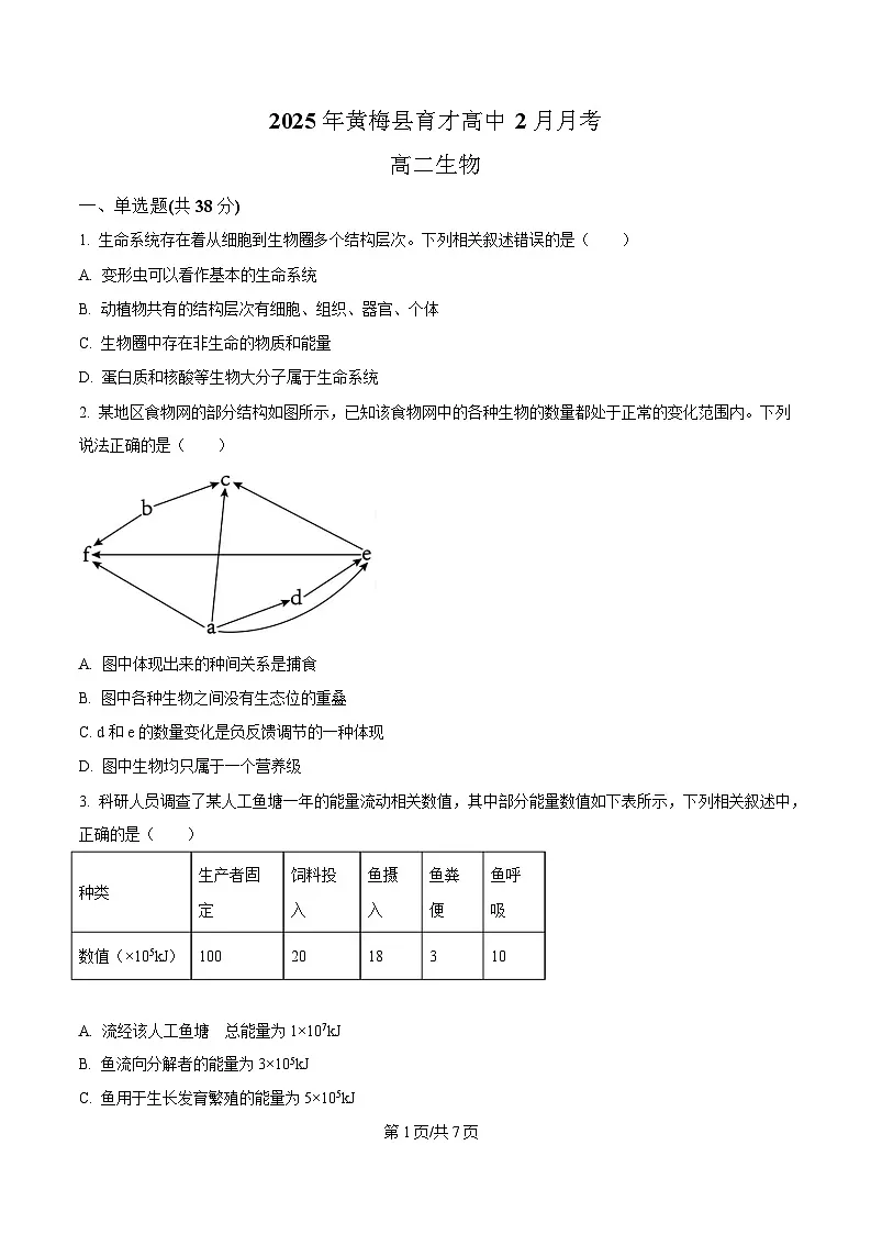 湖北省黄冈市黄梅县育才高级中学2024-2025学年高二下学期2月月考生物试题 (原卷版)第1页
