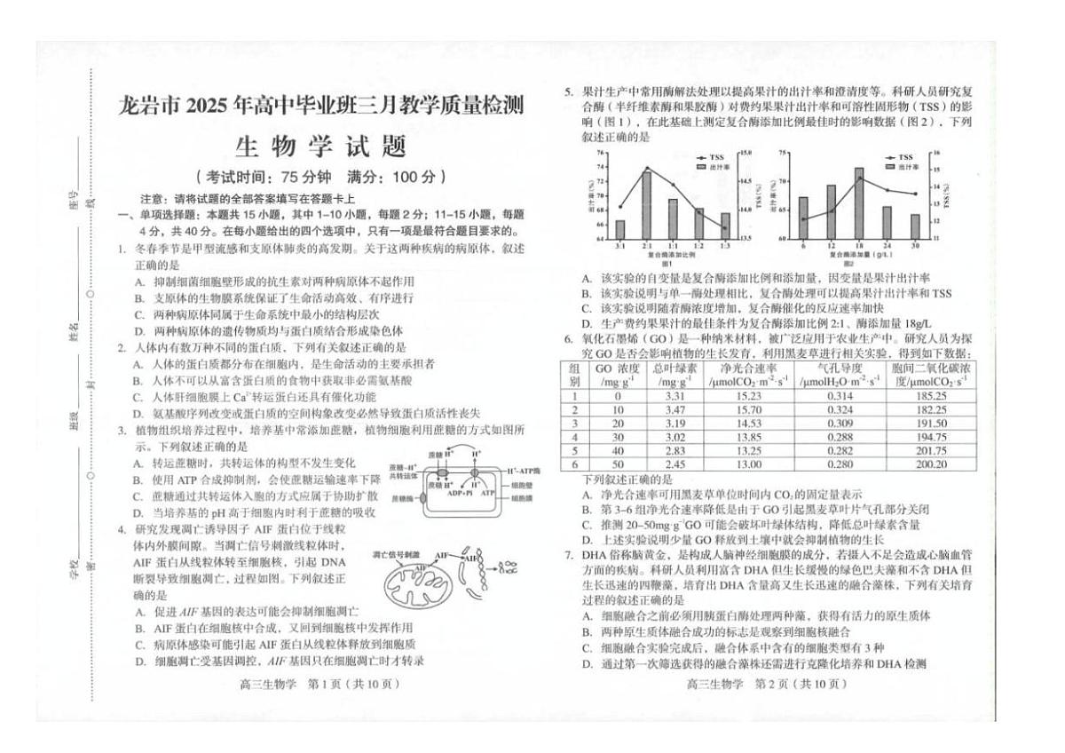 2025届福建省龙岩市高三下学期高中毕业班3月教学质量检测生物试题(扫描版有答案)第1页