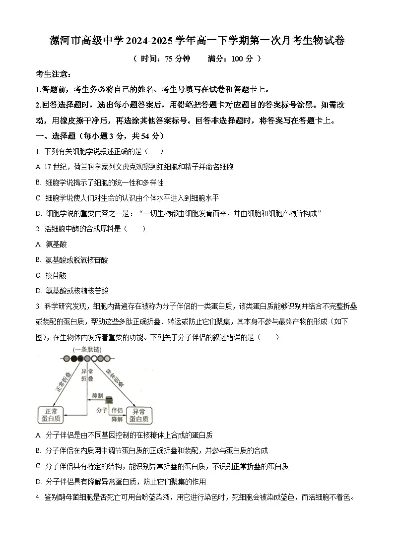 河南省漯河市高级中学2024-2025学年高一下学期第一次月考考试生物试卷(原卷版+解析版)第1页