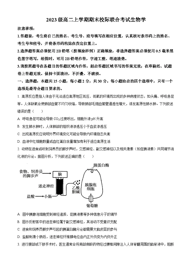 山东省日照市校际联合考试2024-2025学年高二上学期1月期末生物试题(原卷版+解析版)第1页