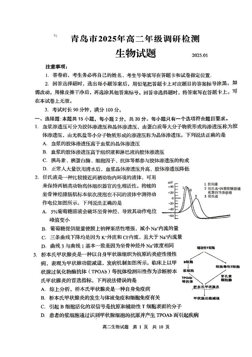 生物-山东省青岛市2025年高二年级调研检测(缺答案)第1页