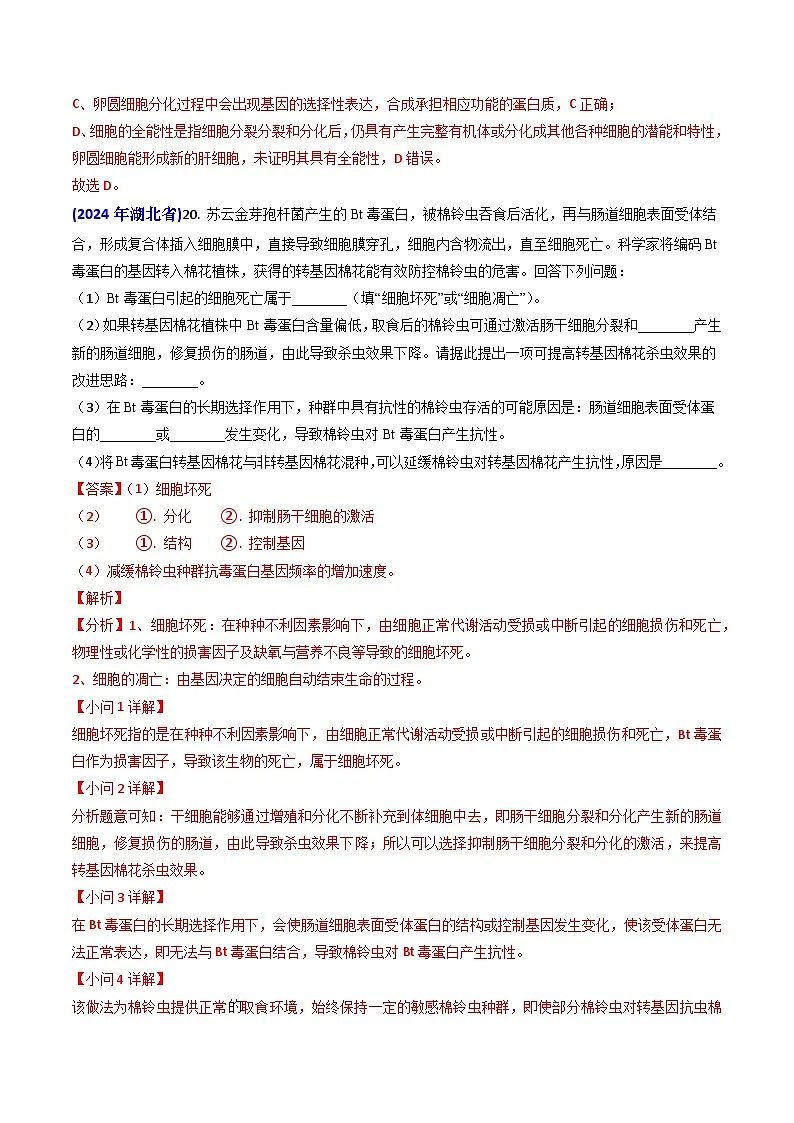 专题07 细胞的分化、衰老、死亡和癌变-2024年高考真题和模拟题生物分类汇编(教师卷)第3页