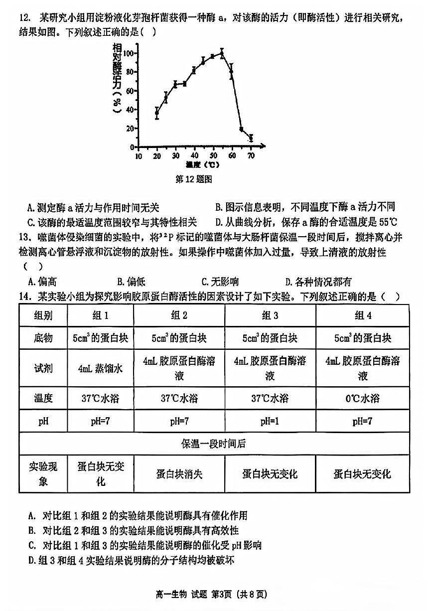 2025浙江省精诚联盟高一下学期3月联考试题生物PDF版含答案第3页
