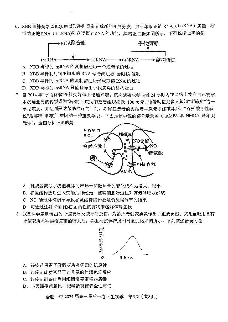 2024届安徽省合肥一中高三年级最后一卷-生物(含答案)第3页