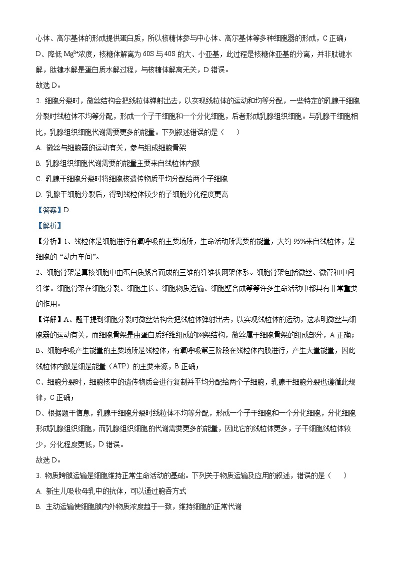 2025届山东省济宁市高三下学期3月一模考试生物试题(解析版)第2页