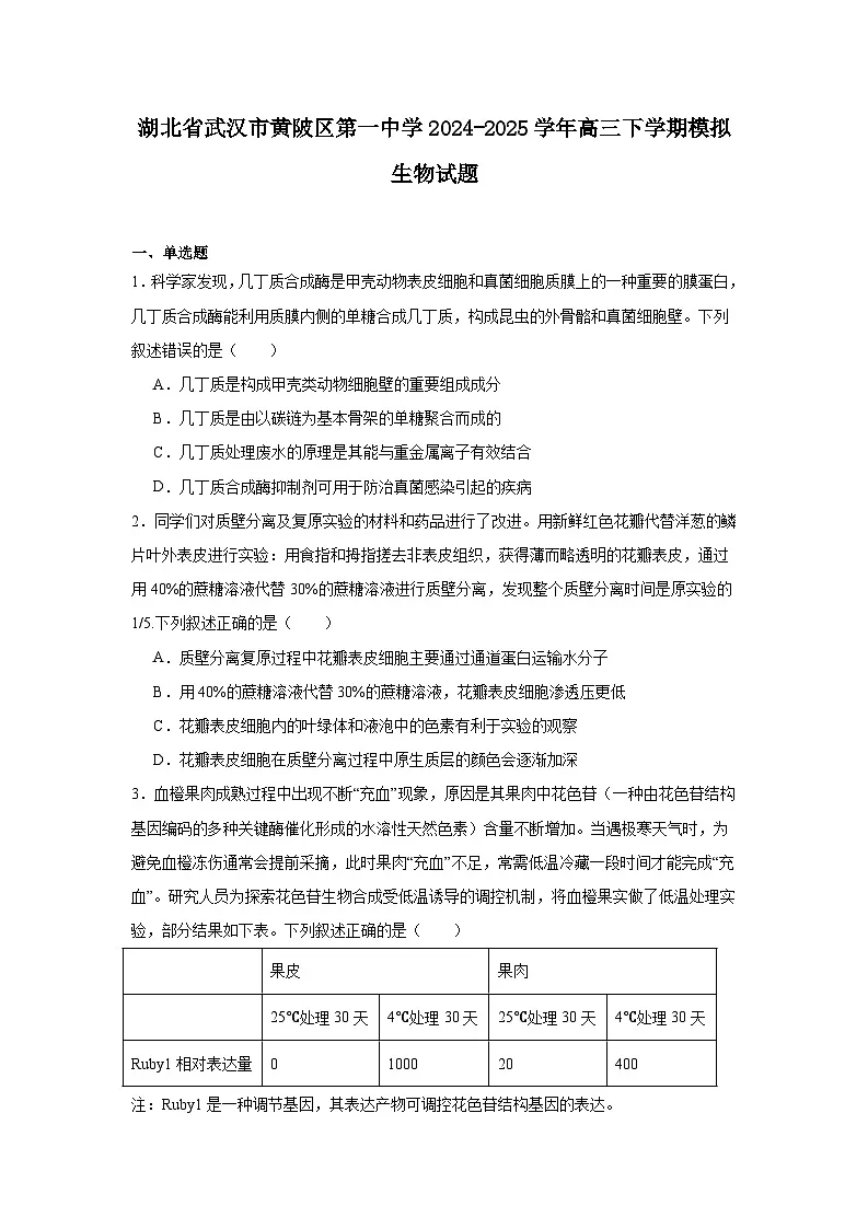 湖北省武汉市黄陂区第一中学2024-2025学年高三下学期模拟生物试题第1页