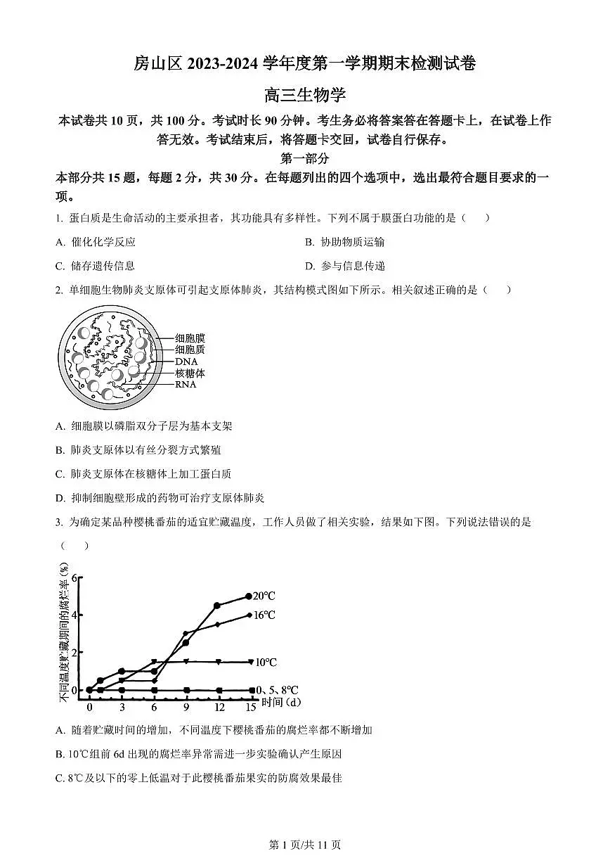 2024届北京市房山区高三上(1月)-生物试题(含答案)第1页