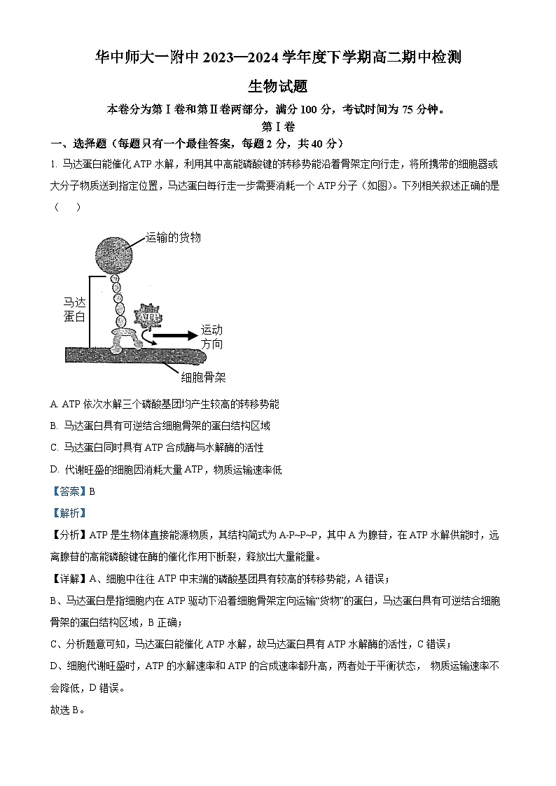 湖北省武汉市东西湖区华中师范大学第一附属中学2023-2024学年高二下学期4月期中生物试题(解析版)第1页