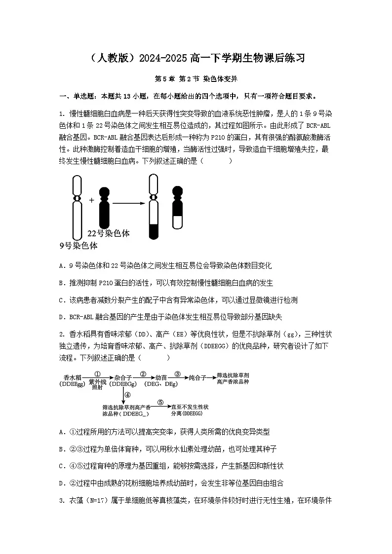 (人教版)2024-2025高一下学期生物课后练习(第5章 第2节 染色体变异)+答案第1页