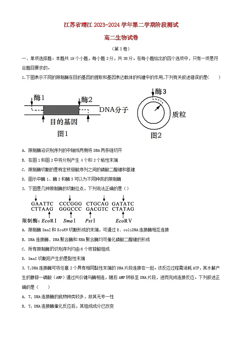 江苏省泰州市靖江市2023_2024学年高二生物下学期3月试题含解析第1页