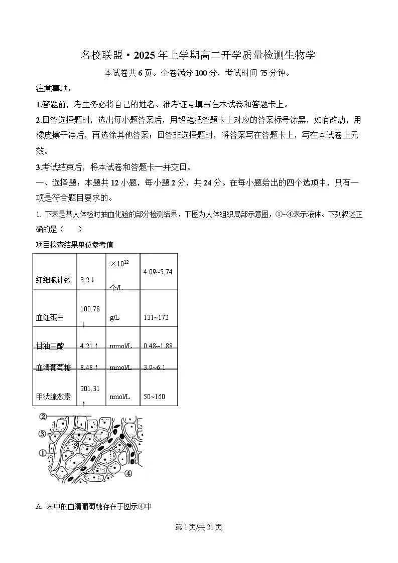 湖南省名校联盟2024-2025学年高二下学期开学质量检测生物试题 Word版含解析第1页