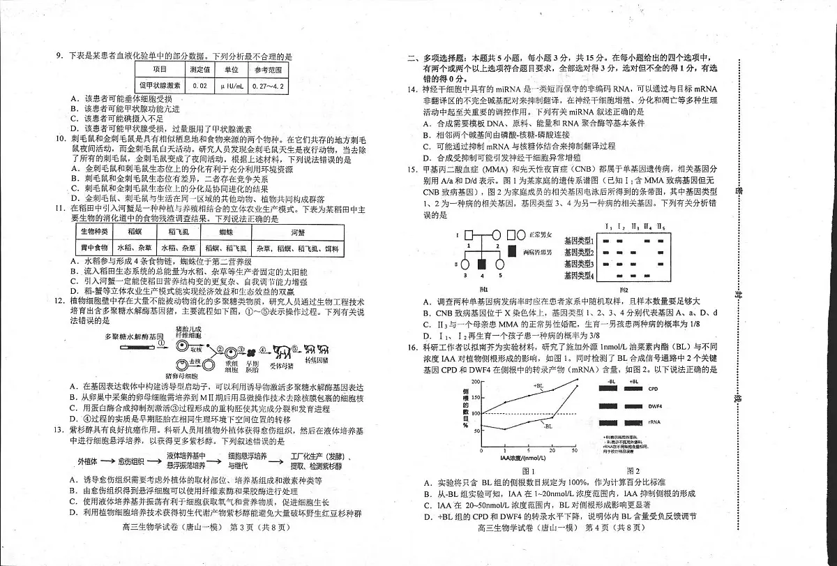 2024届河北省唐山市高三一模试题-生物(含答案)第2页