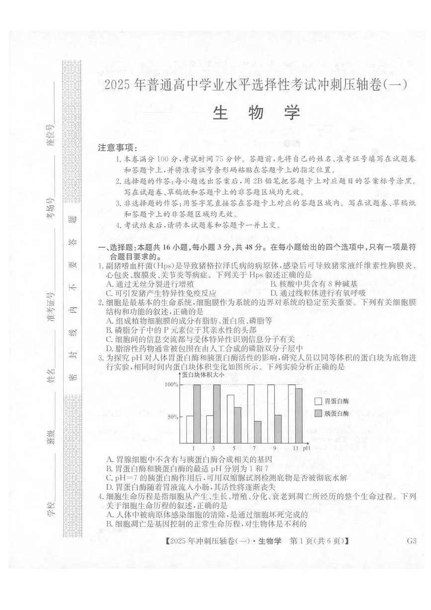 2025年普通高中学业水平选择性考试冲刺压轴卷(一)生物试卷(含答案)第1页