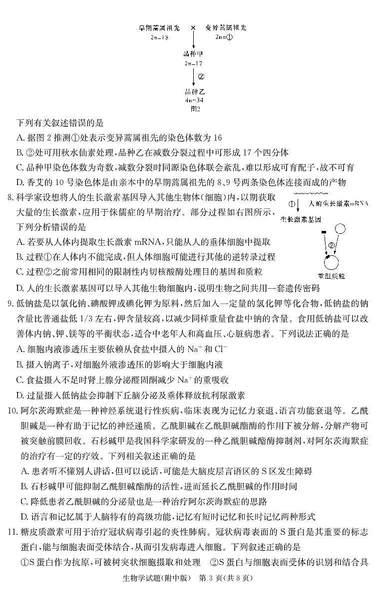 2024届湖南师大附中高三下学期模拟考试(一)生物试卷(含答案)第3页