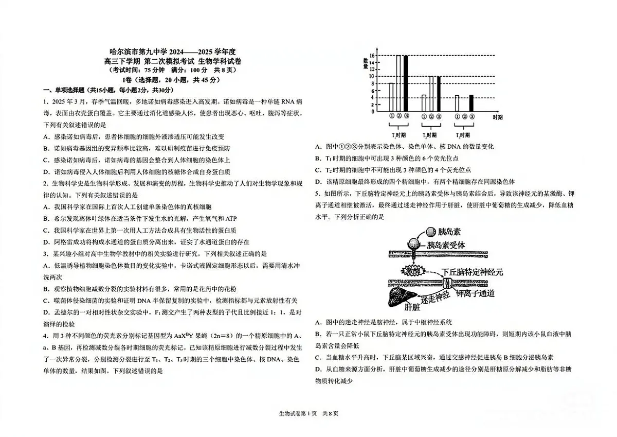 黑龙江省哈尔滨市第九中学校2024-2025学年高三下学期4月第二次模拟考试生物学科试卷(无答案)第1页