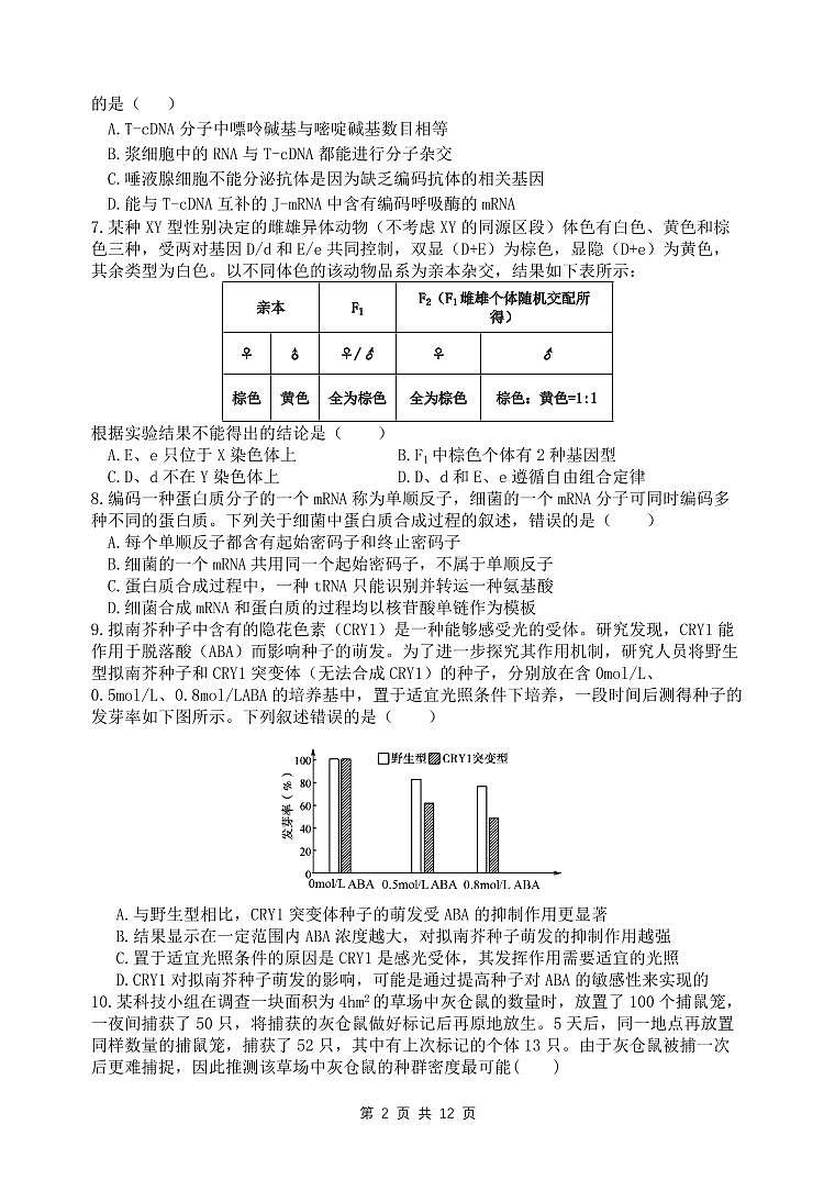 2024届江苏省扬州中学高三上(1月)-生物试题(含答案)第2页
