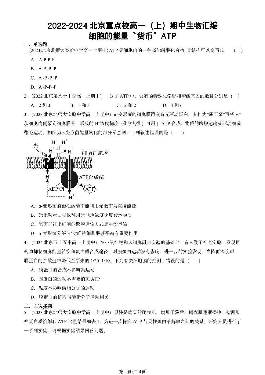 2022-2024北京重点校高一(上)期中真题生物汇编:细胞的能量“货币”ATP第1页