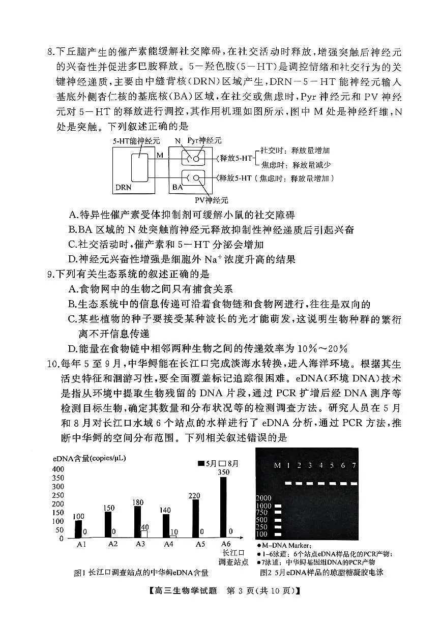 2025届湖南省永州市高三上学期第二次模拟考试生物试卷(含答案)第3页