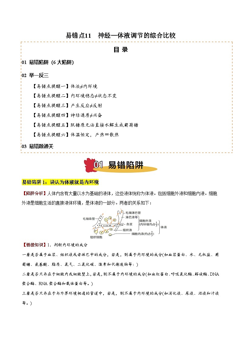 2025年高考生物考试易错题(新高考通用)易错点11神经—体液调节的综合比较(6大陷阱)(教师版)第1页