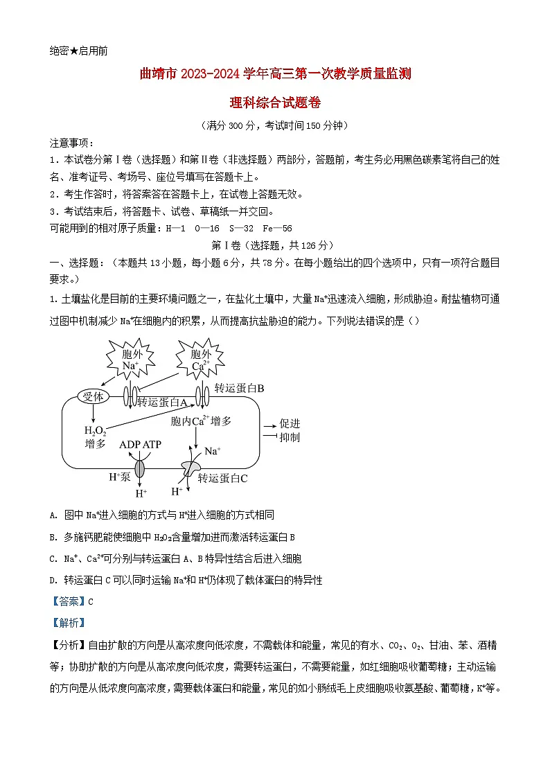 云南省曲靖市2024届高三生物上学期第一次教学质量监测一模试题含解析第1页