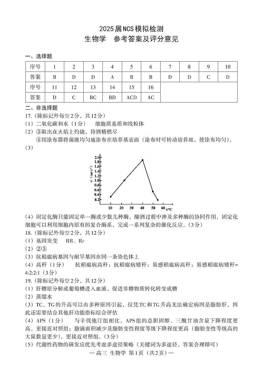 江西省南昌市高三2025届高三第二次模拟考试生物答案第1页