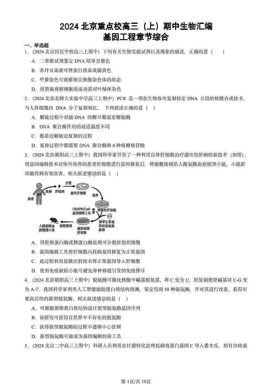 2024北京重点校高三(上)期中真题生物汇编:基因工程章节综合第1页
