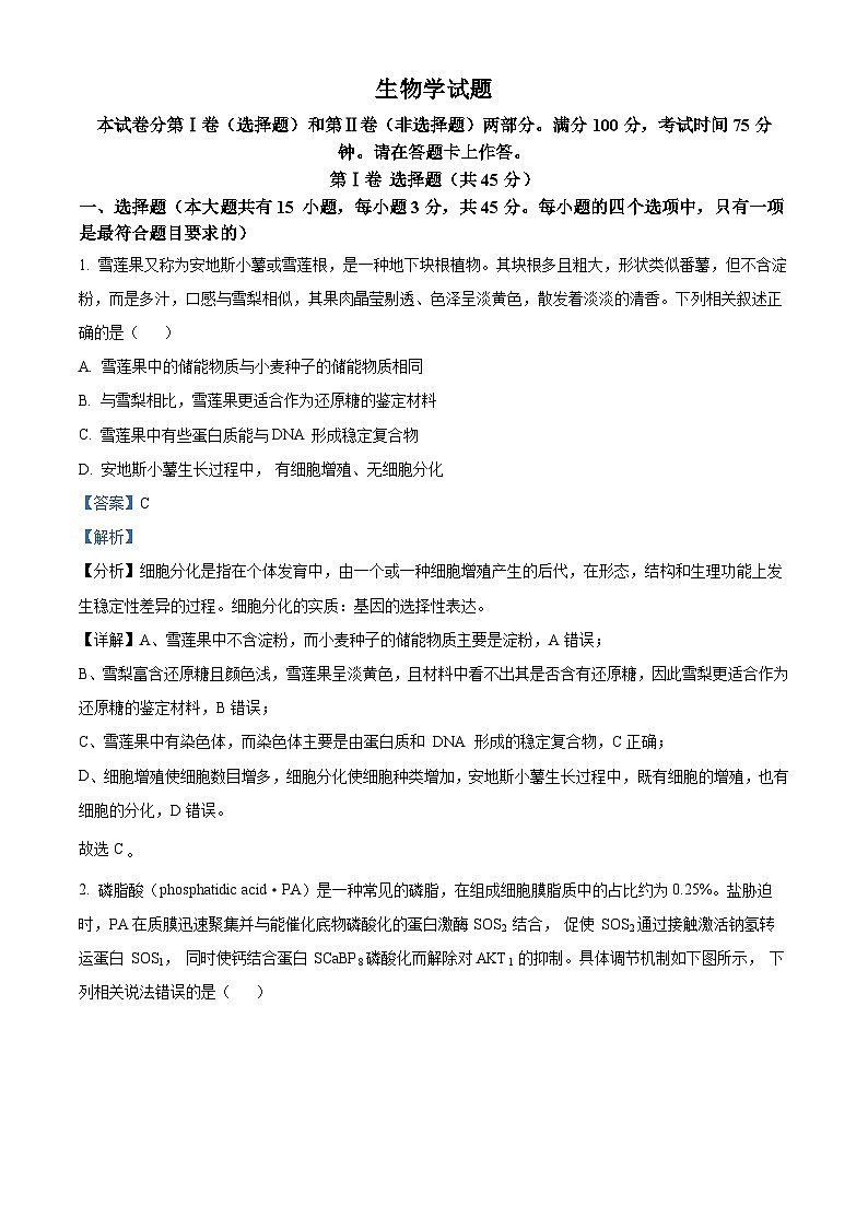 安徽省部分学校2024届高三下学期4月联考(二模)生物试卷 含解析第1页