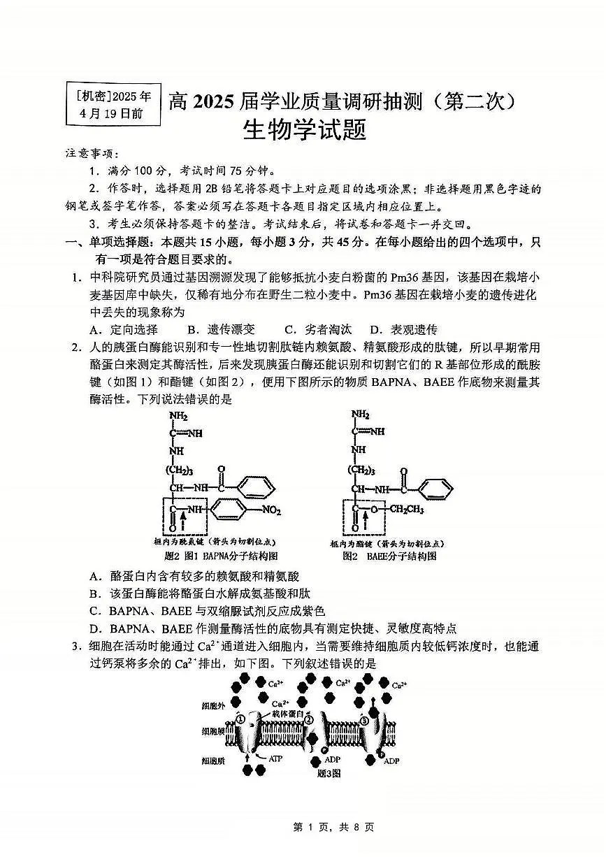 重庆市主城五区2025届高三下学期4月考第二次诊断-生物试题+答案第1页