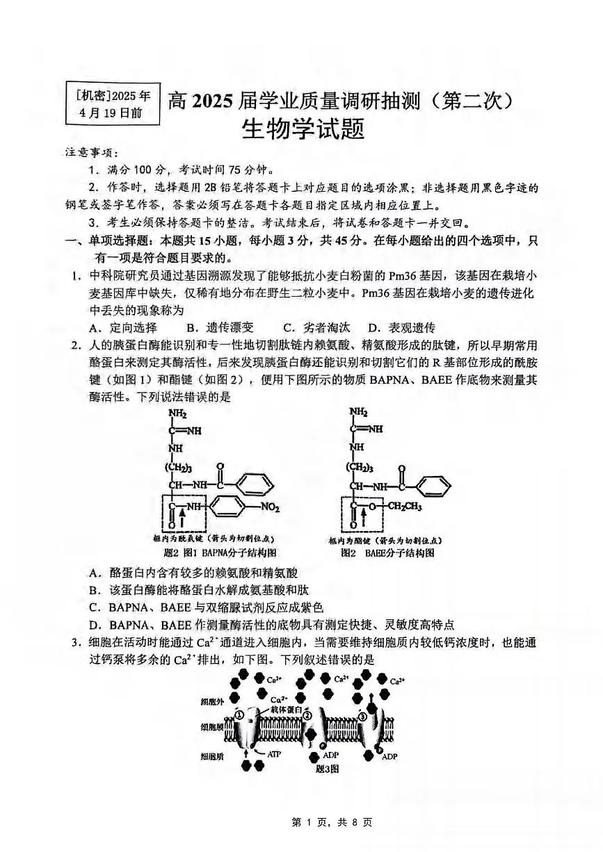 生物丨重庆市主城五区2025届高三下学期4月第二次诊断(重庆二诊)生物试卷及答案第1页