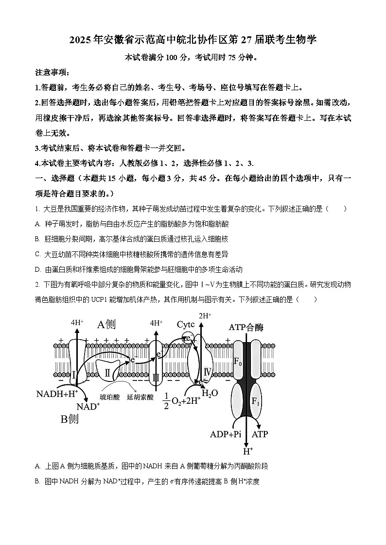 2025届安徽省皖北协作体高三一模考试生物题(原卷版)第1页