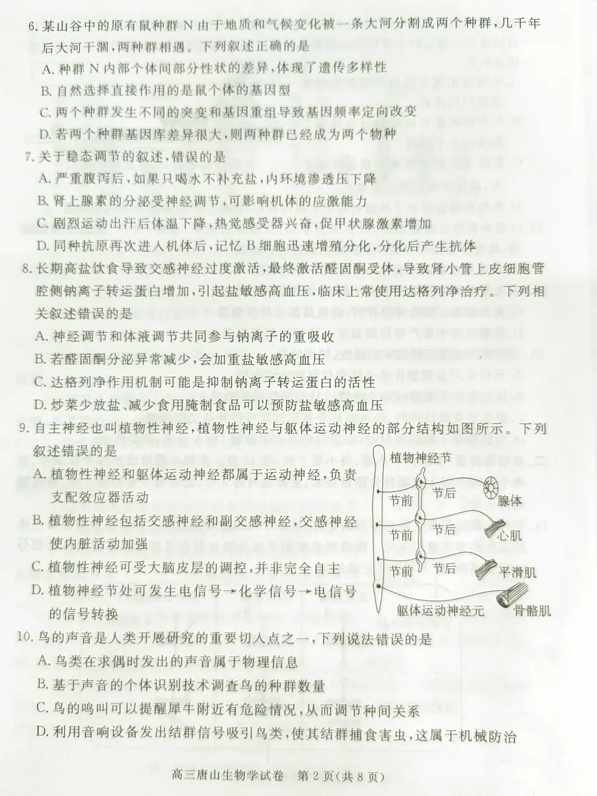2025年河北省唐山市普通高等学校招生统一考试第二次模拟演练生物试题第2页