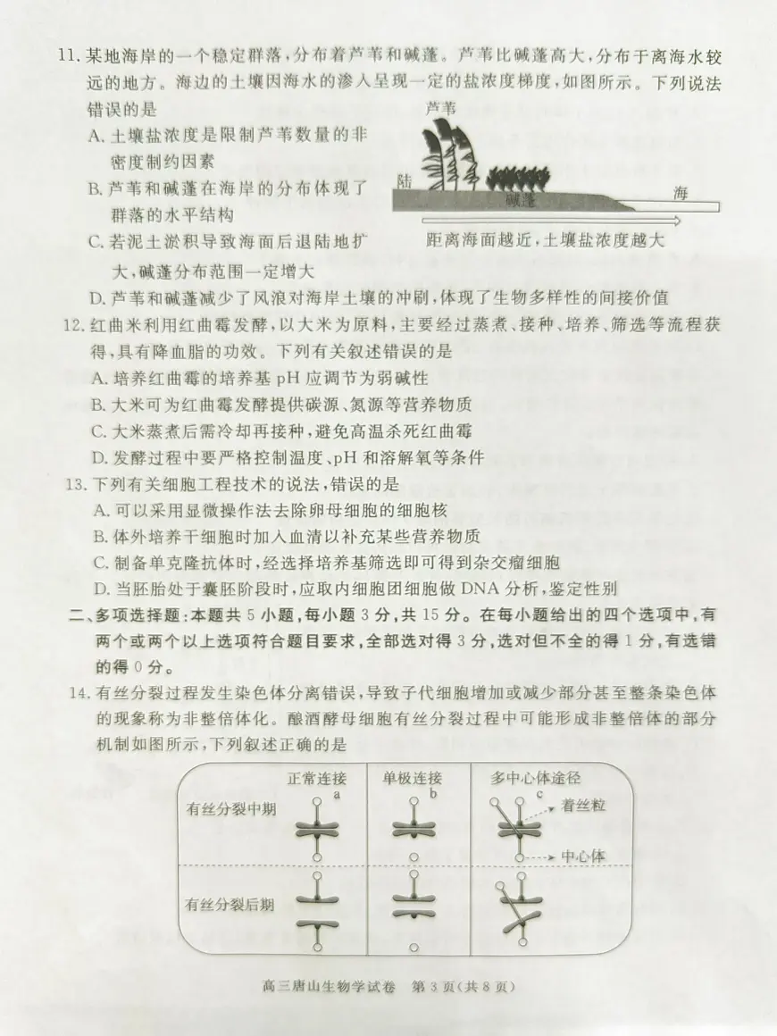 2025年河北省唐山市普通高等学校招生统一考试第二次模拟演练生物试题第3页