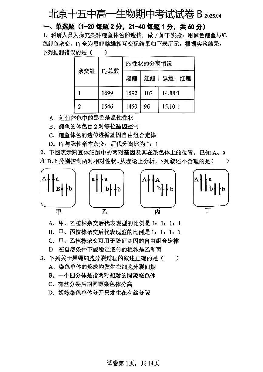 2025北京十五中高一(下)期中真题生物(合格考)试卷第1页