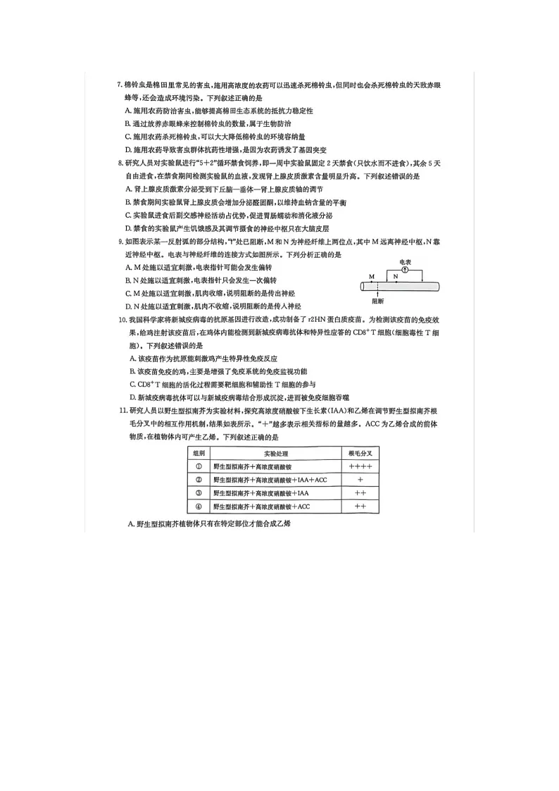 华大新高考联盟2025届高三4月教学质量测评生物试卷(无答案)第3页
