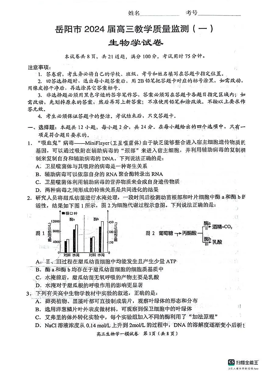 2024届岳阳市高三一模第1页