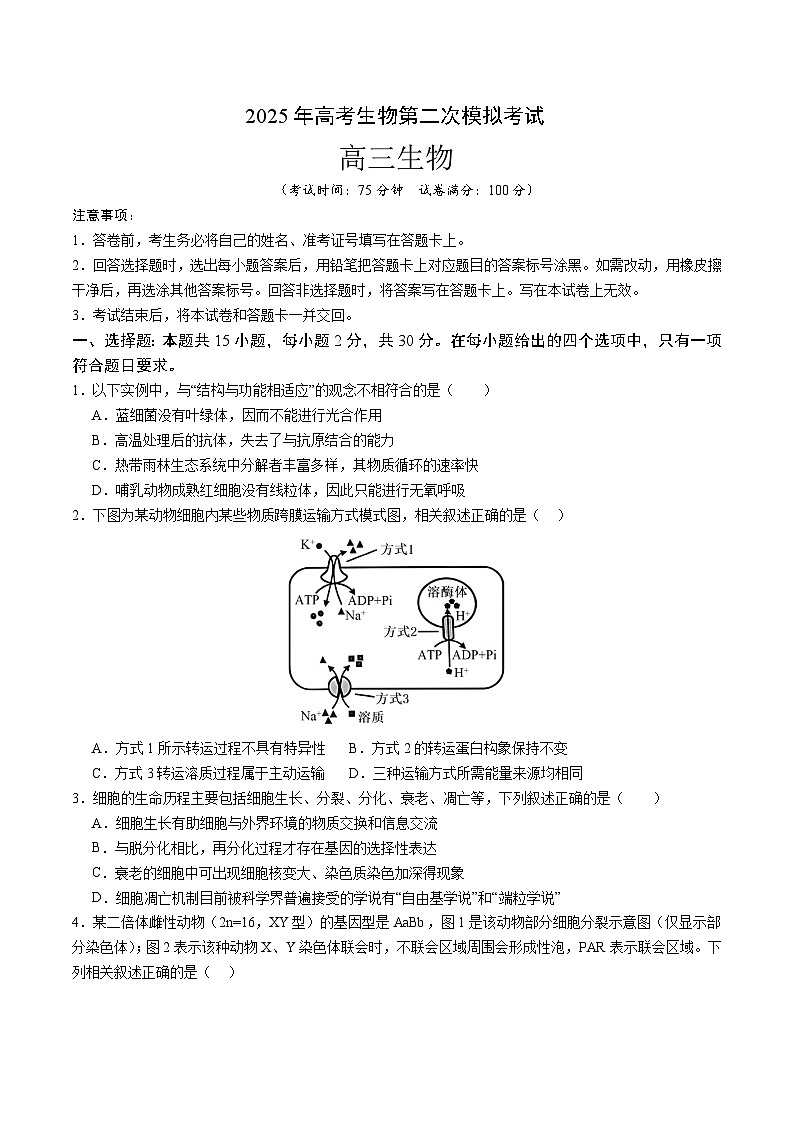 2025年高考第二次模拟考试卷:生物(江苏卷02)(考试版)第1页