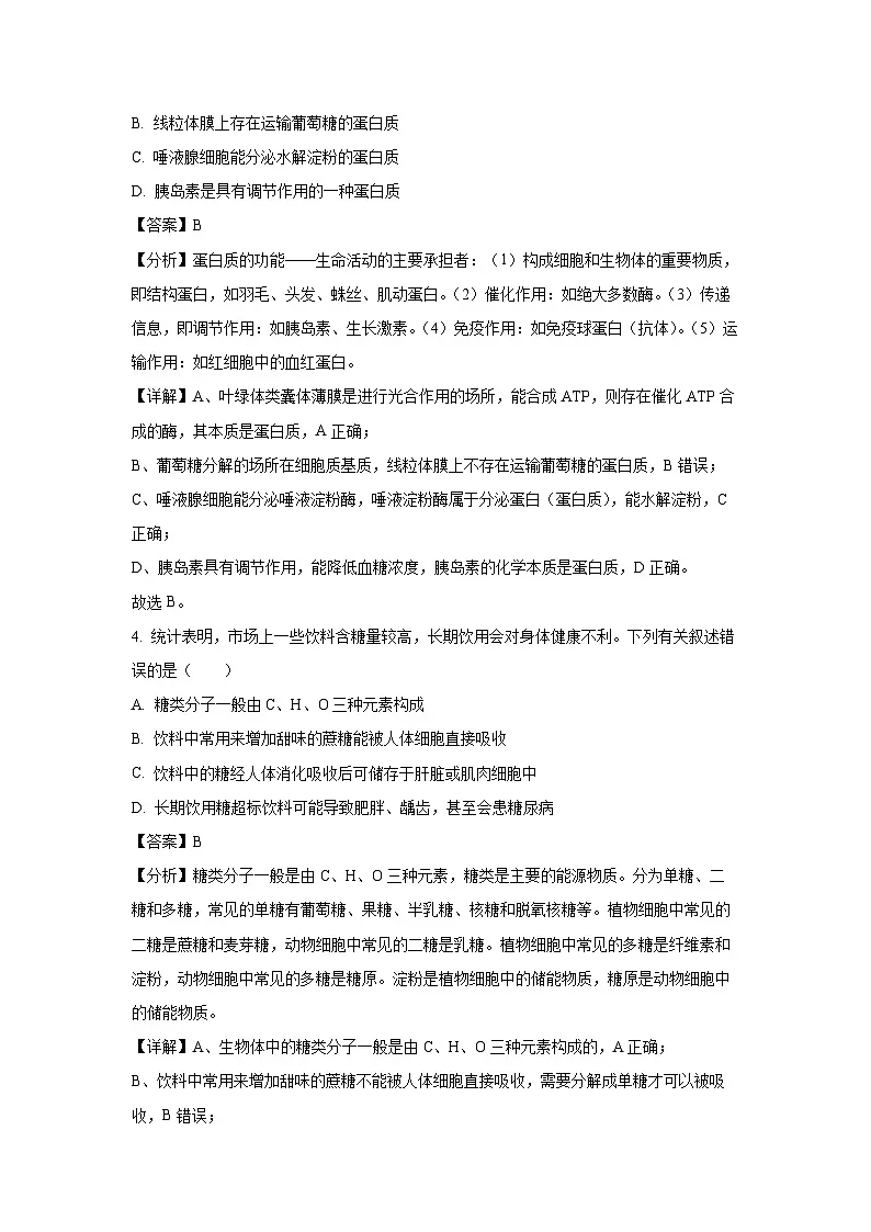 四川省内江市2024-2025学年高一上学期期末检测学生物试卷(解析版)第2页