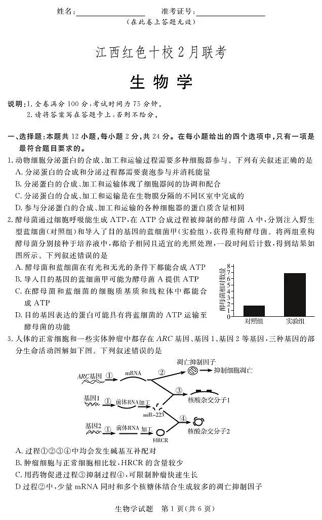 江西省红色十校2024届高三下学期2月联考生物试卷(含答案)第1页