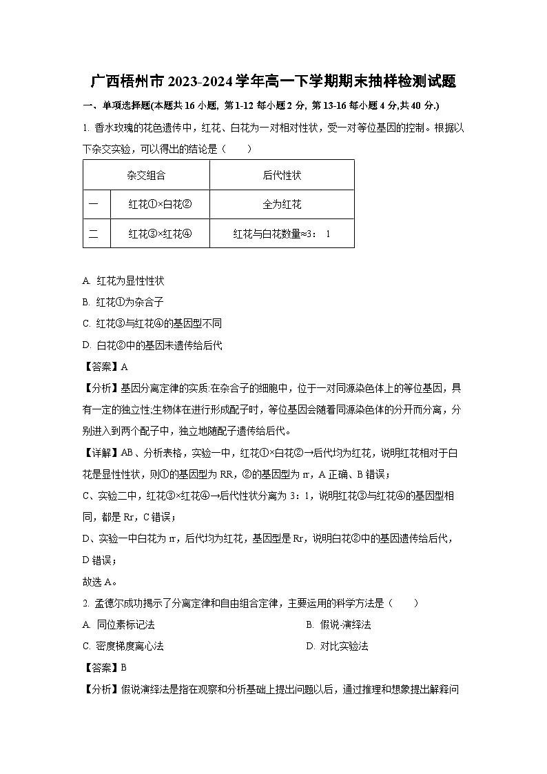 广西梧州市2023-2024学年高一下学期期末抽样检测生物试卷(解析版)第1页