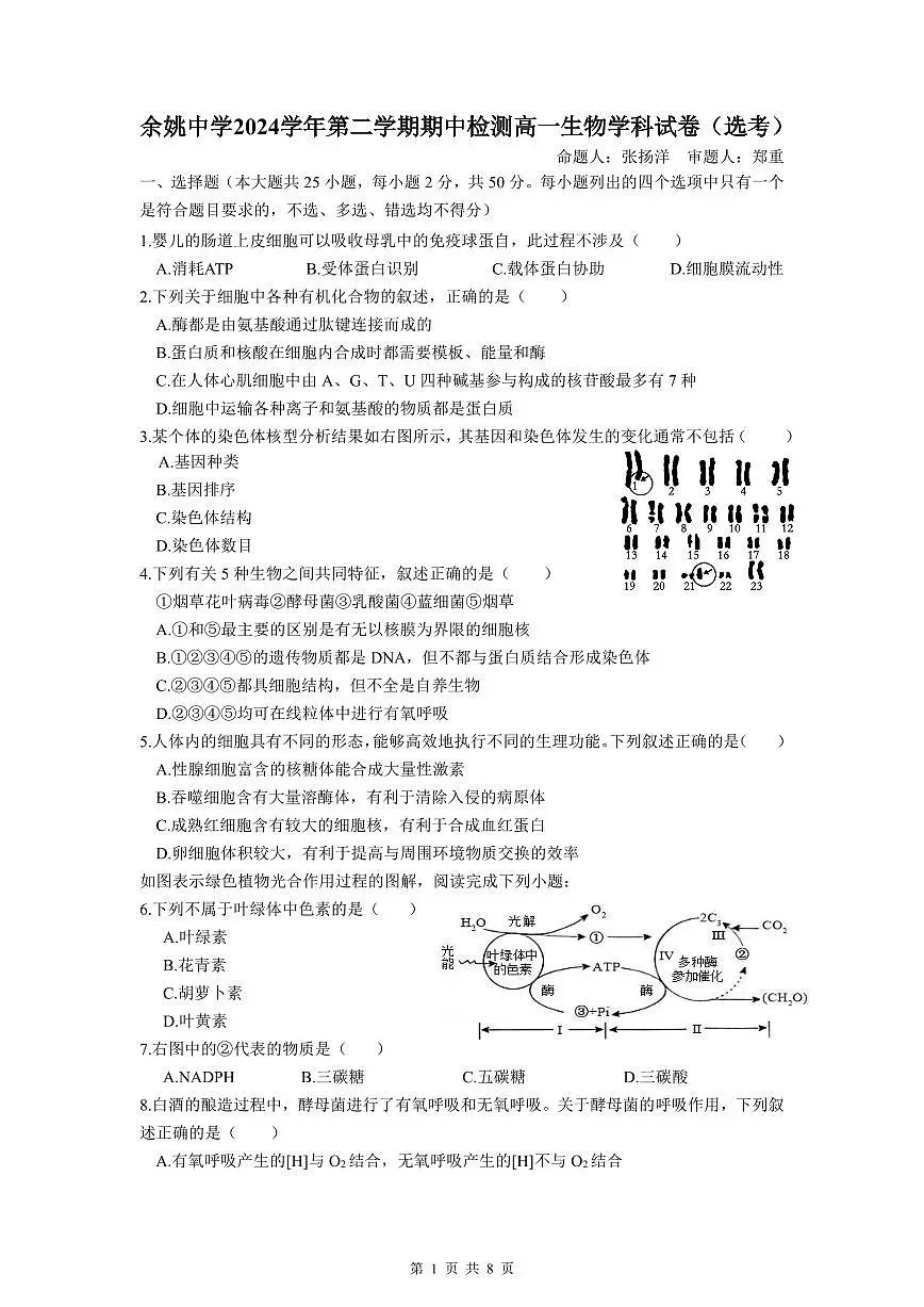 高一生物期中考(选考) 25年4月(2)第1页